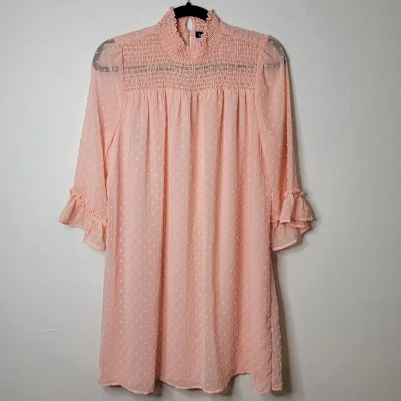 Peachy Pink Swiss Dot Dress with High Smocked Collar - Picture 1 of 7